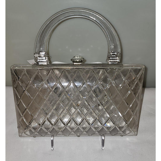 Vintage Lucite Purse 1950s Small Clear Carved Lucite Top Handle Purse Rhinestones Mid Century