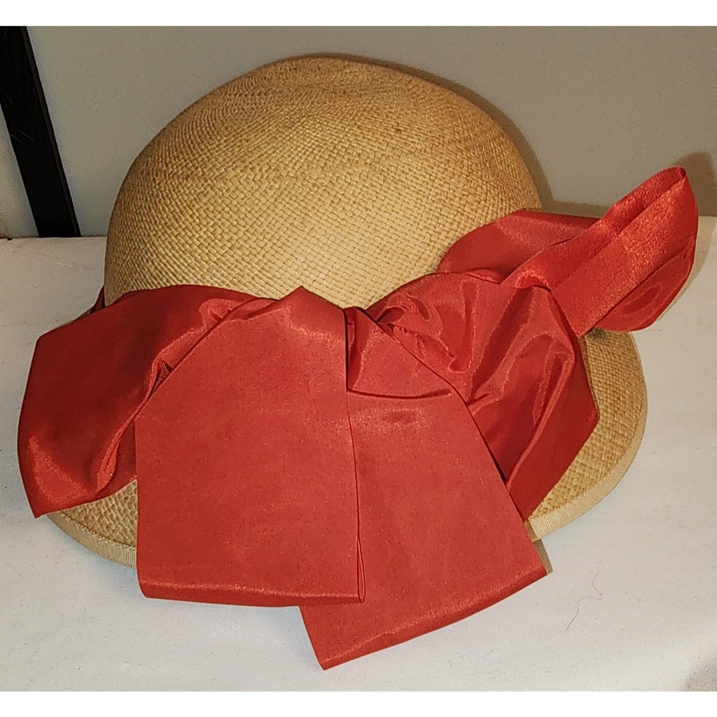 Vintage Panama Hat 1920s 30s Womens Natural Straw Round Bucket Cloche Hat Red Silky Ribbon Bow Genuine Panama Art Deco 21 in.