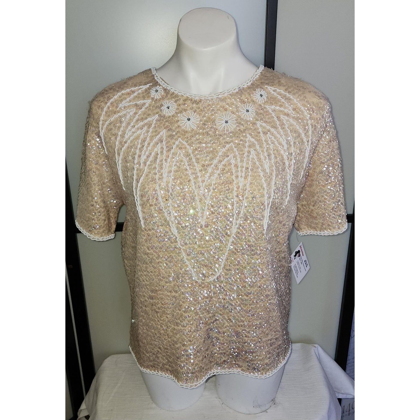 Vintage Beaded Sweater 1950s 60s Cream Wool Zip Back SS Top Tiny Glass Beads Sequins Rhinestones Mid Century L AS IS missing sequins