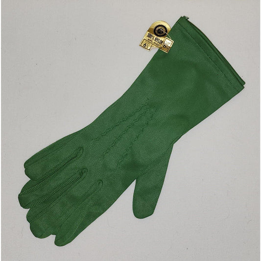 Unworn Vintage Gloves 1950s 60s Rusched Green Fabric Midlength Elbow Gloves Van Raalte Mid Century NWT sz S