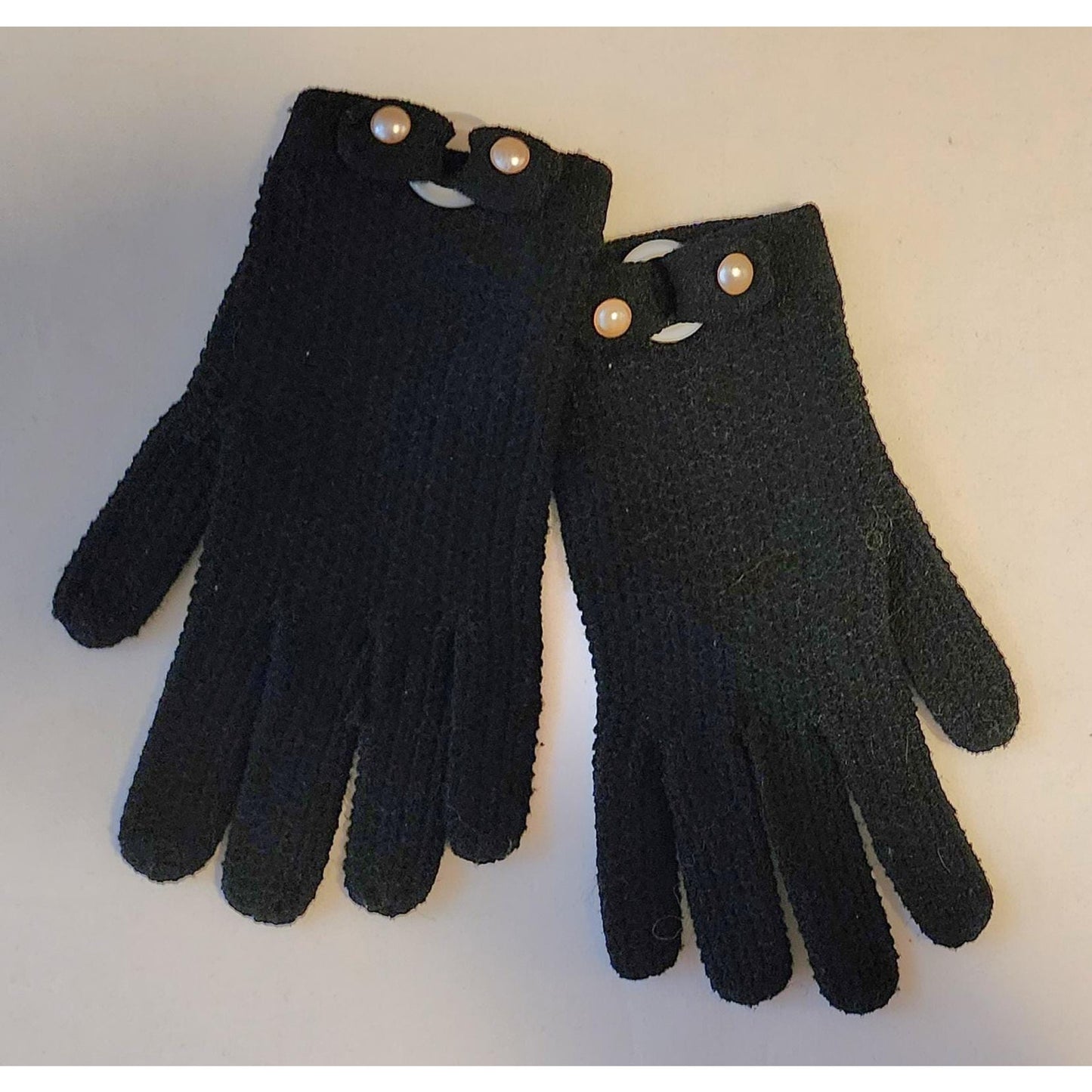 Vintage Wrist Gloves 1950s Black Nylon Stretch Knit Gloves Faux Pearls Mid Century one size to L