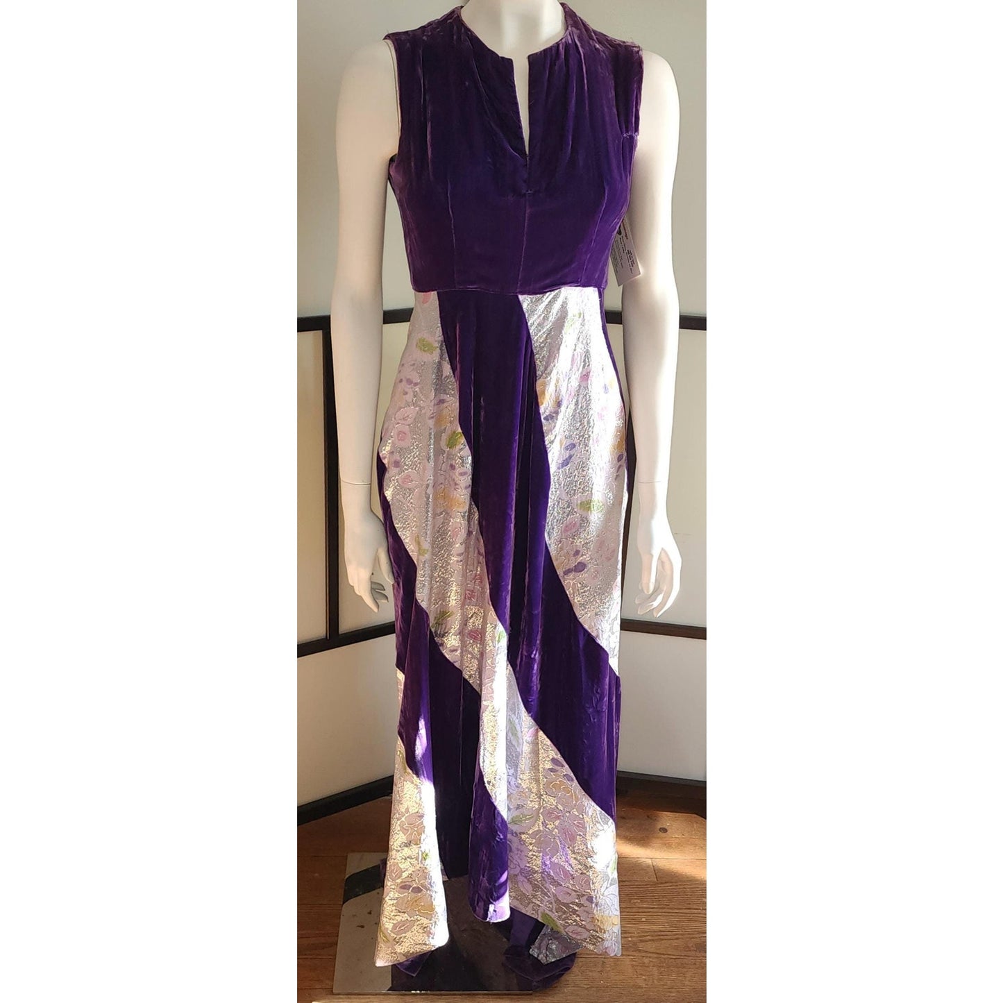 Vintage Velvet Gown 1950s 60s Long Purple Velvet Dress Silver Metallic Floral Insets Bias Cut Skirt New Orleans Gothic Party Art Deco S