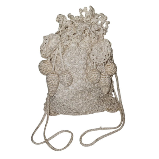 Vintage Crochet Purse 1930s Cream Crochet Drawstring Bag 3D Berry Shapes Art Deco
