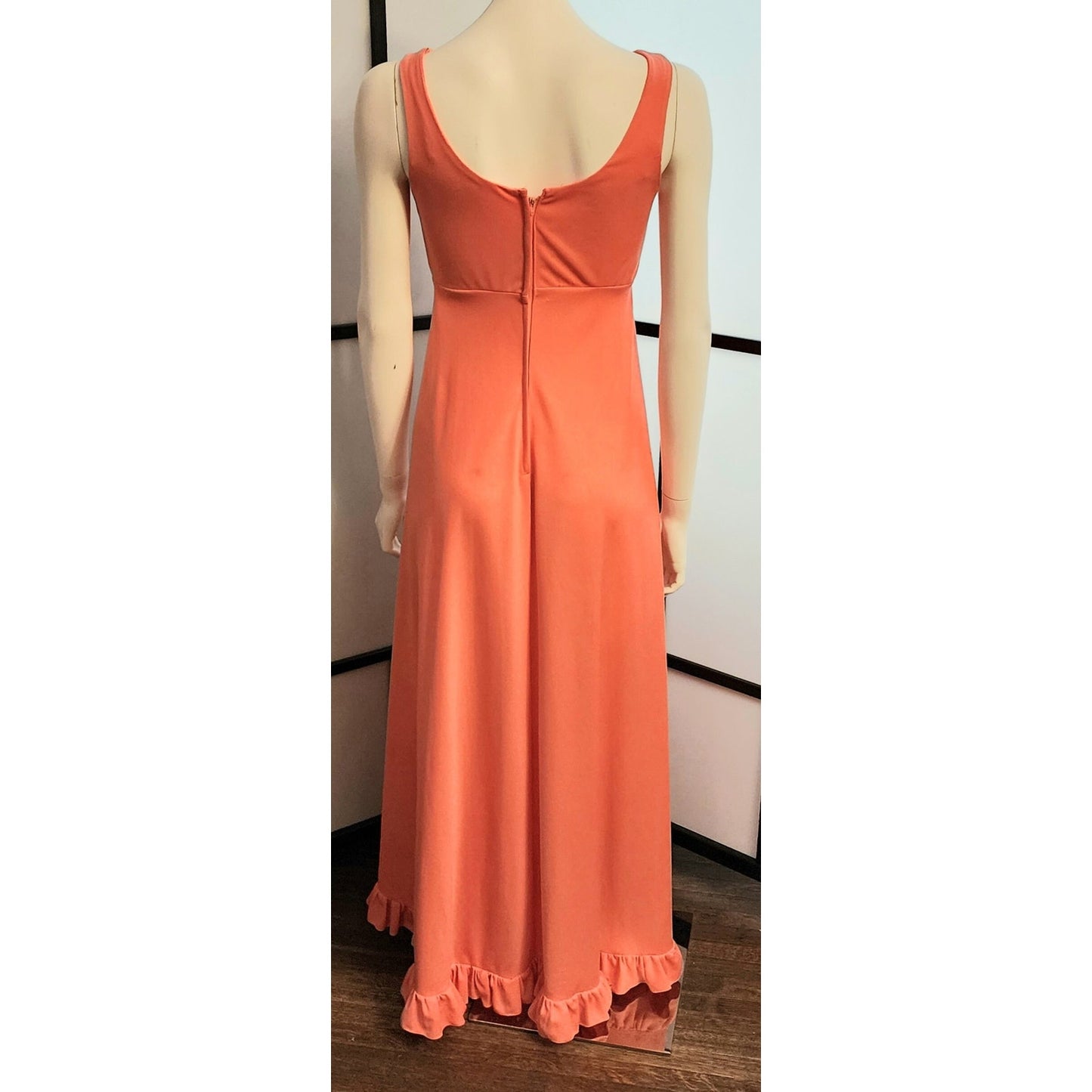 Vintage Long Dress 1970s Long Peach Light Orange Nylon Gown Maxidress Disco Boho S