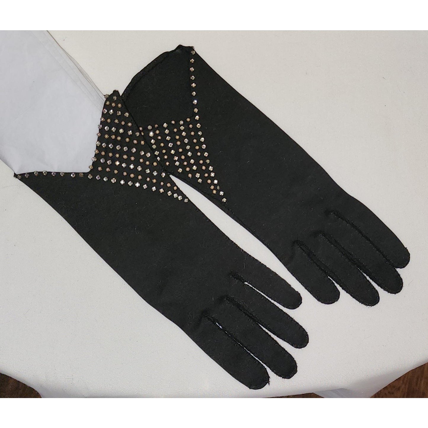 Vintage Rhinestone Pearl Gloves 1950s Black Midlength Gloves Geometric Pattern Prong Set Rhinestones Pearls Elvette Mid Century 6 1/2
