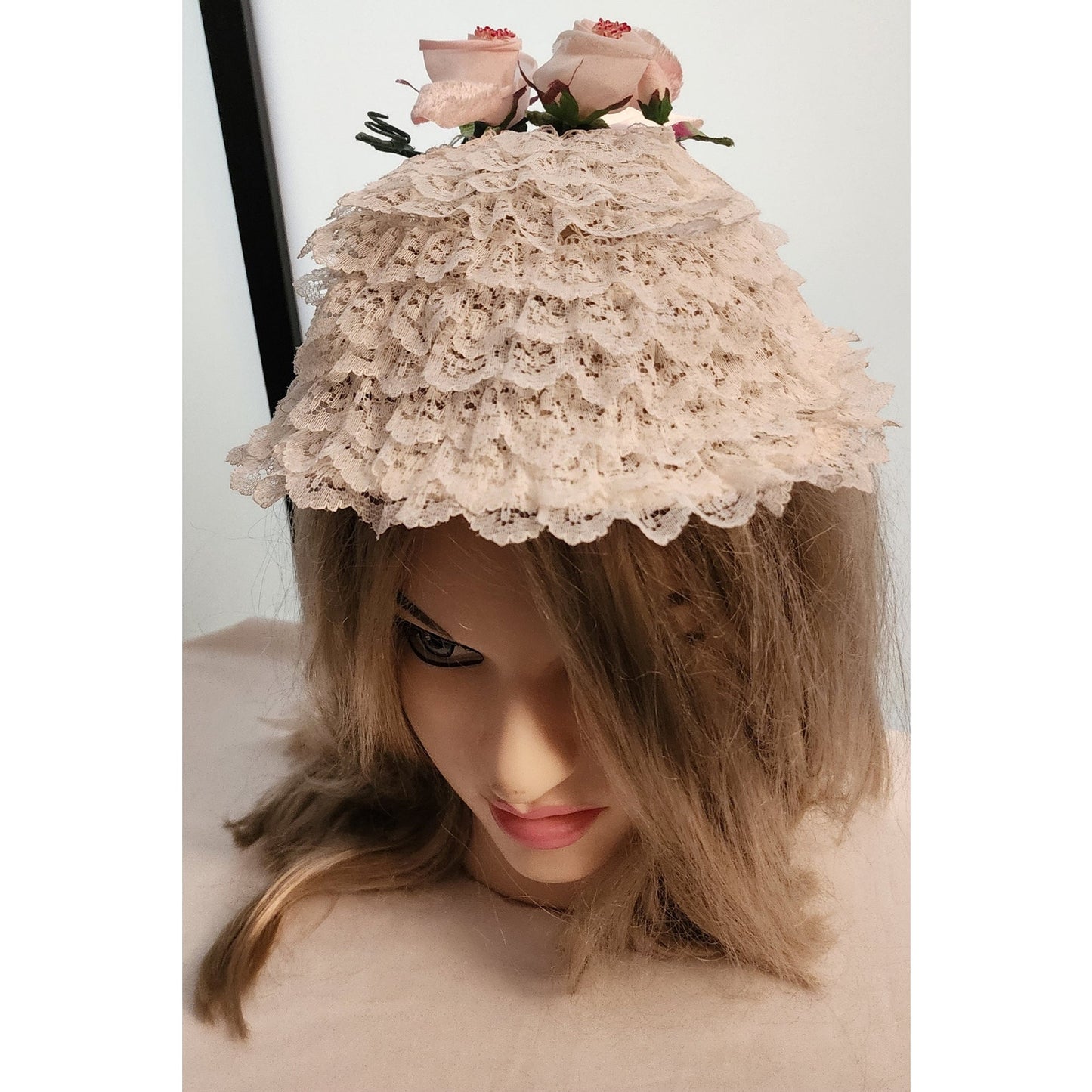 Vintage Lace Hat 1950s Round White Lace Ruffle Bonnet Hat Pink Floral Trim Long Satin Ribbons Mid Century Lolita Bo Peep