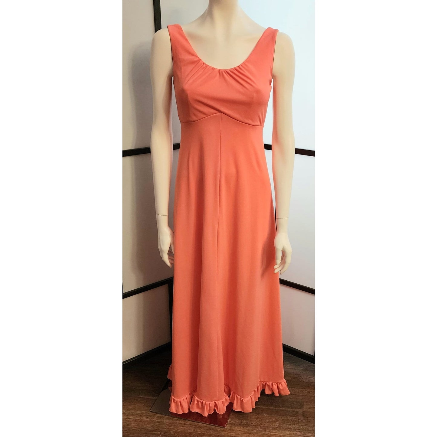 Vintage Long Dress 1970s Long Peach Light Orange Nylon Gown Maxidress Disco Boho S