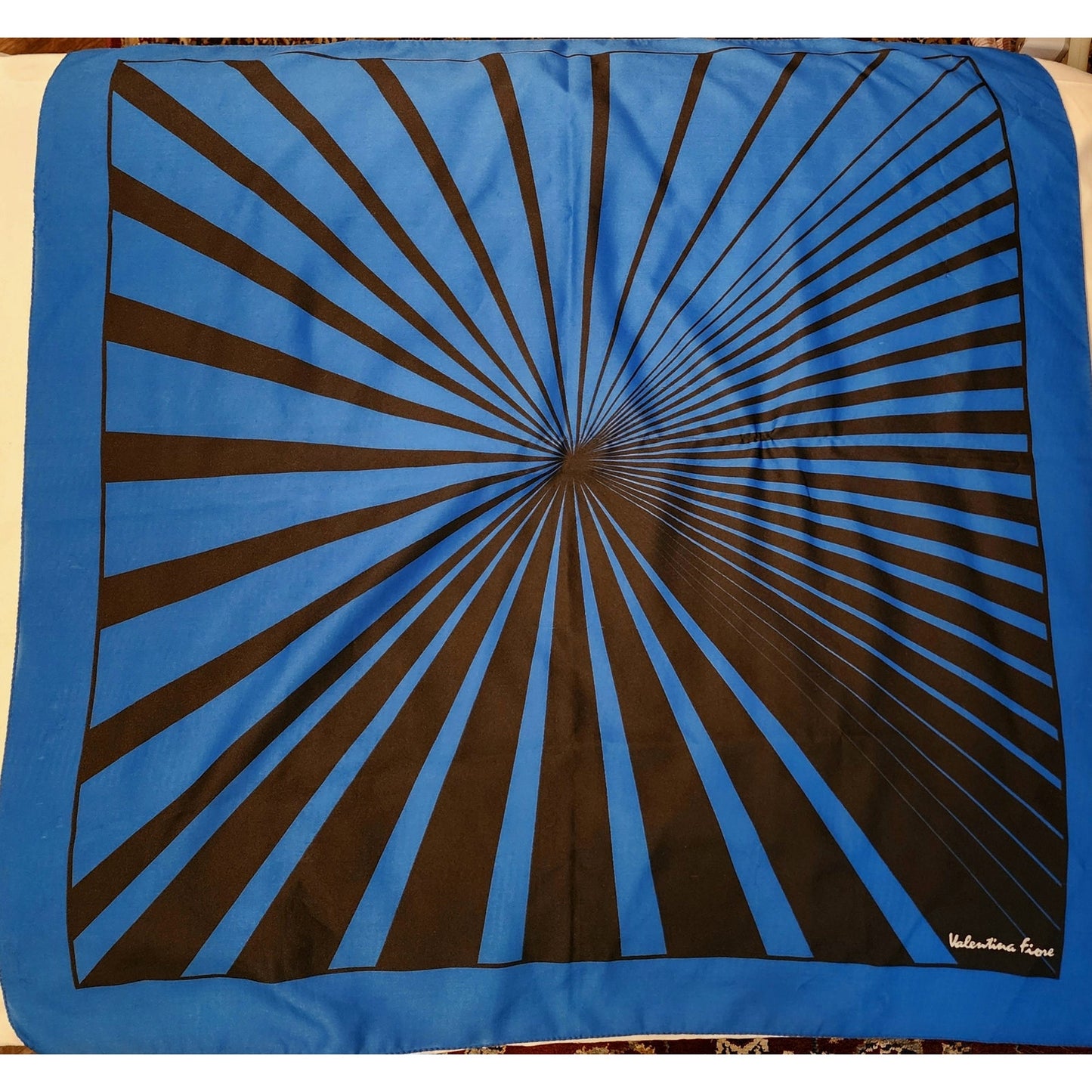 Vintage Graphic Scarf 1960s Valentina Fiore Blue Black Op Art Geo Print Silk Rayon Scarf Boho 29.5 x 30.5 in. small flaws