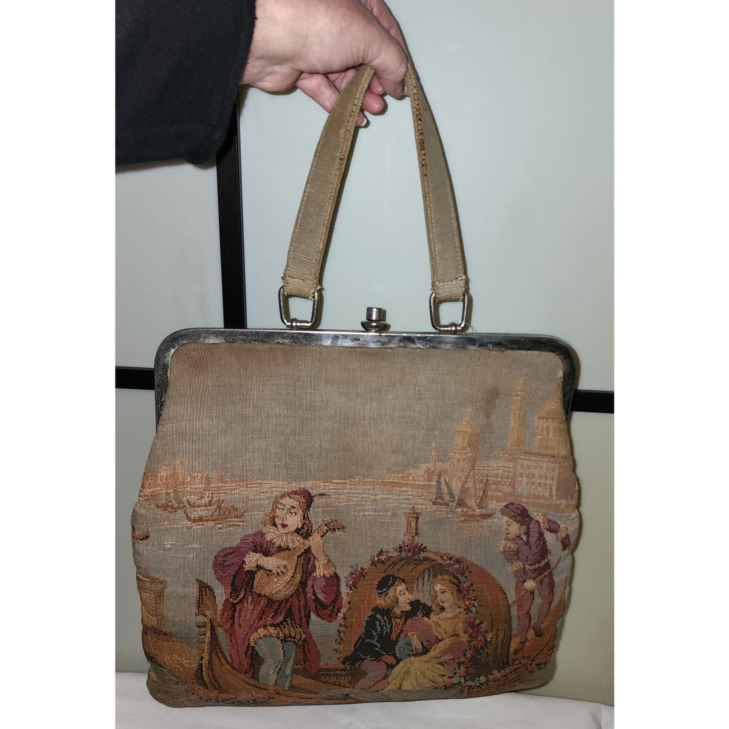 Vintage Tapestry Purse Large 1960s Medieval Renaissance Scene Bag Mid Century Boho