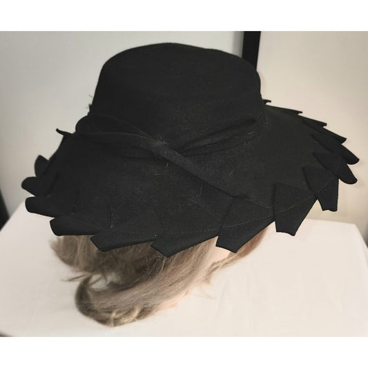 Vintage Black Hat 1930s 40s Large Round Black Wool Felt Wide Jagged Brim Art Deco Film Noir Mid Century 22.5 in.