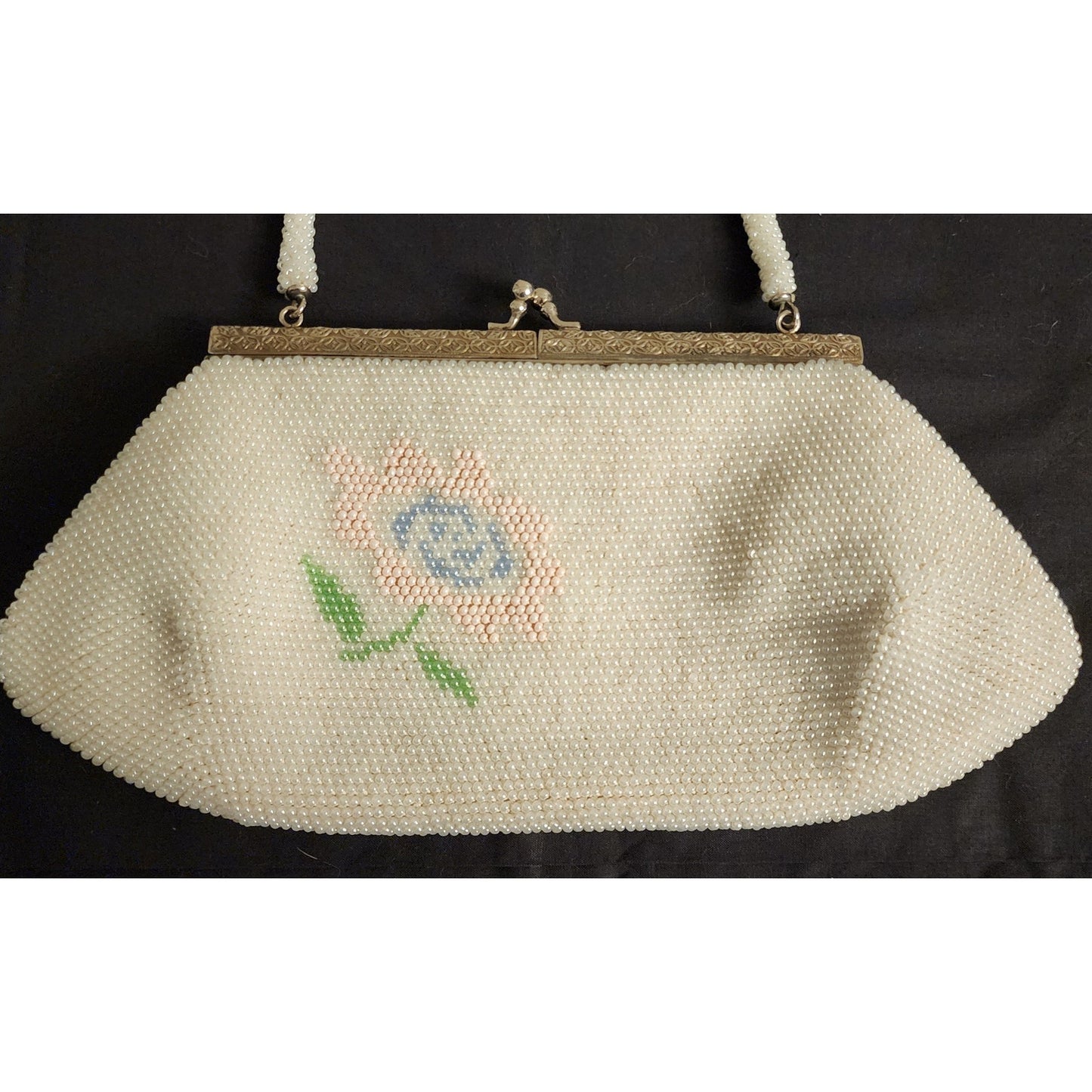 Vintage Beaded Purse 1950s White Glass Seed Bead Purse Pink Blue Pastel Floral Design Mid Century