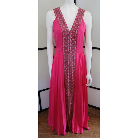 Vintage Shaheen Dress 60s 70s Long Pink Alfreed Shaheen Zip Front Long Gown Floral Screenprint Trim Maxidress Hostess Dress Mid Century M L