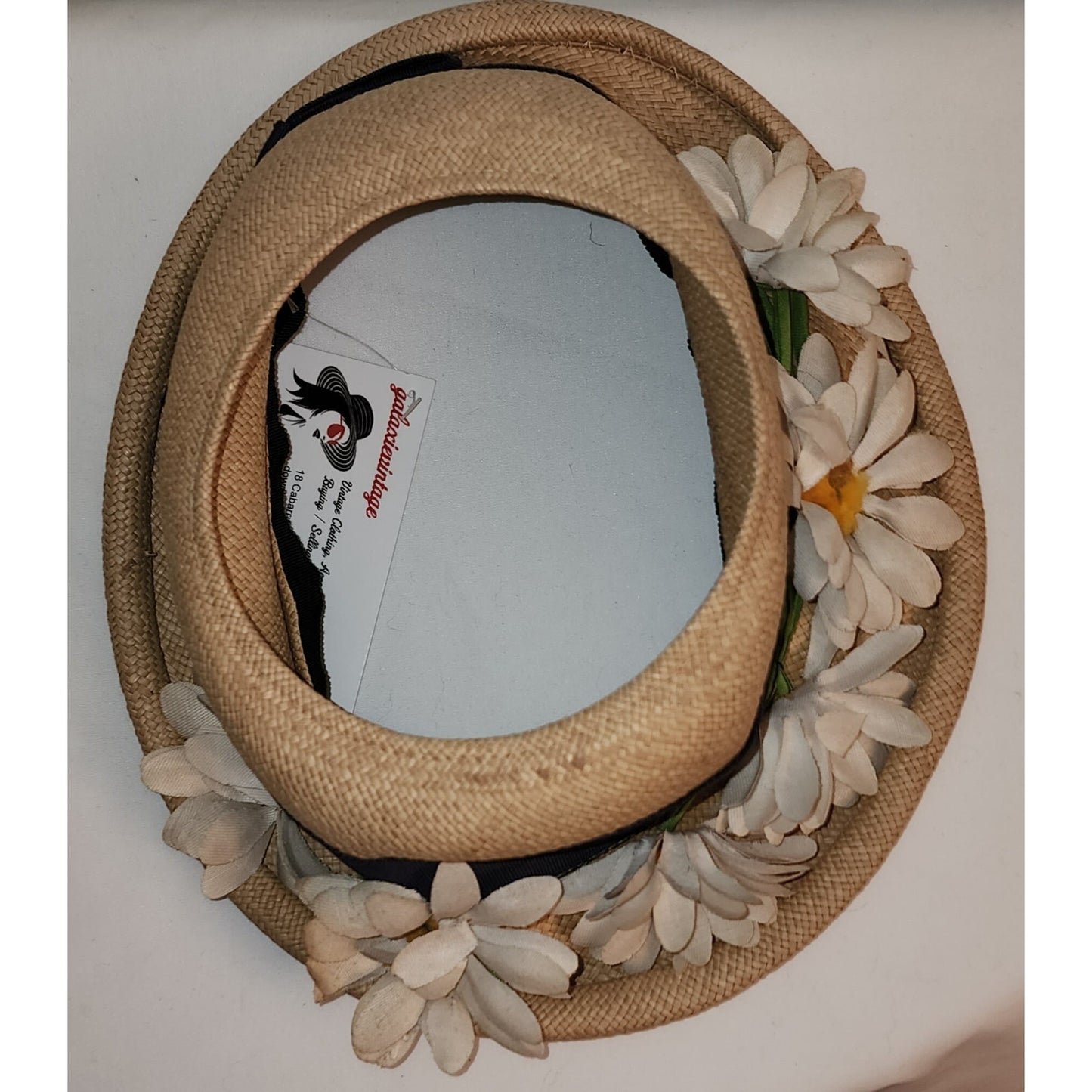 Vintage 1930s Hat Natural Straw Open Crown Hat Rolled Brim Lg Daisies Ribbon Daisy Hat Art Deco 20.5 in.