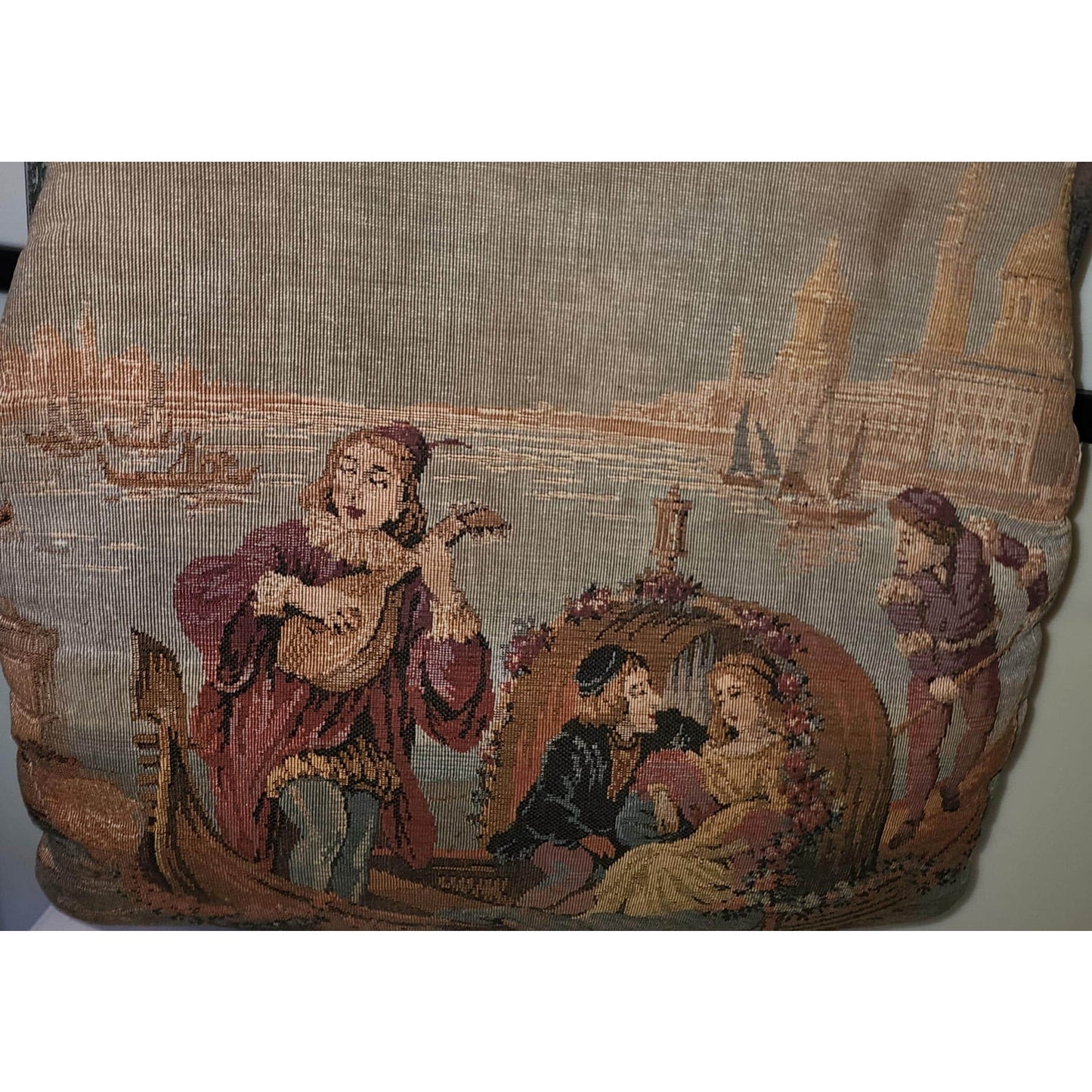 Vintage Tapestry Purse Large 1960s Medieval Renaissance Scene Bag Mid Century Boho