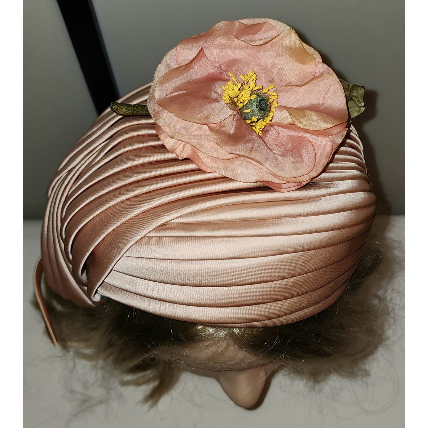 Vintage Satin Hat 1950s Peach Pleated Satin Asymmetric Half Hat Large Flower Floral Half Hat Mid Century Art Deco 20.5 21 in.