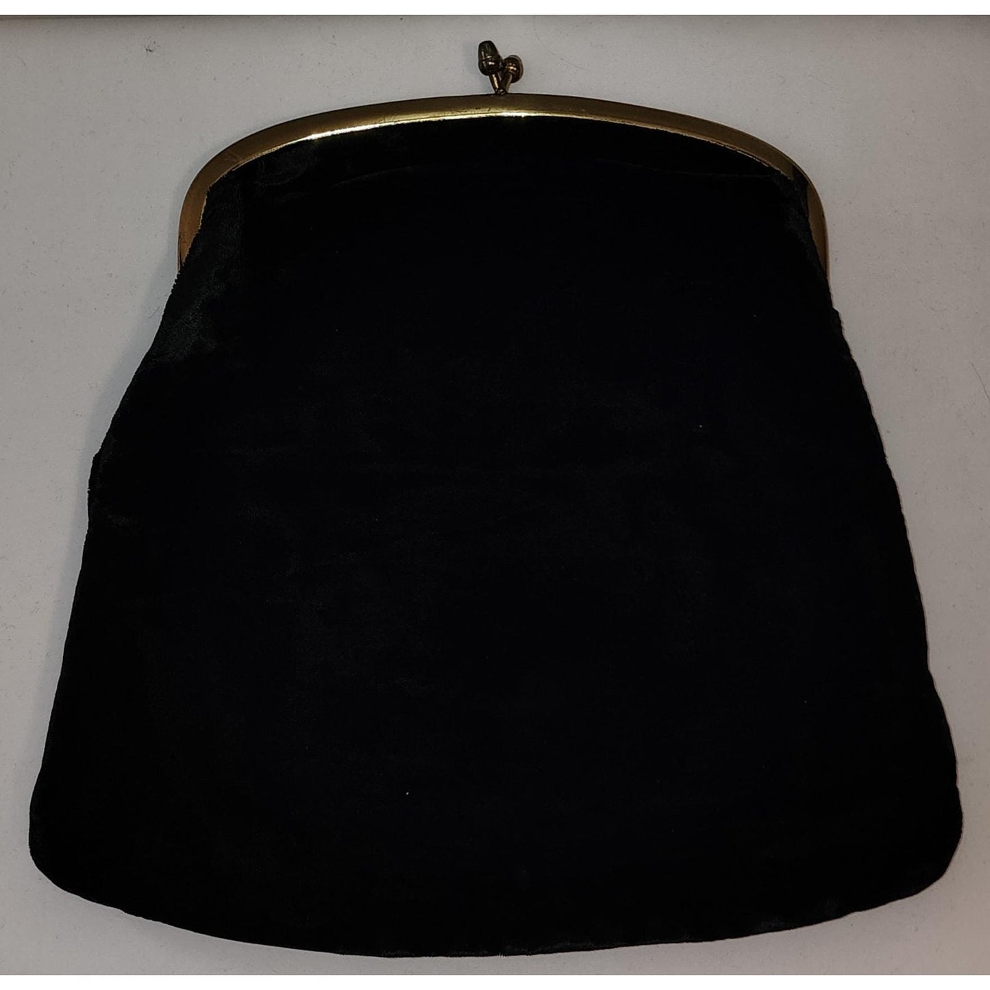 Vintage Clutch Purse 1950s Black Velvet Pouch Foldover Clutch Purse Goldtone Metal Frame Kiss Lock Satin Lining Mid Century