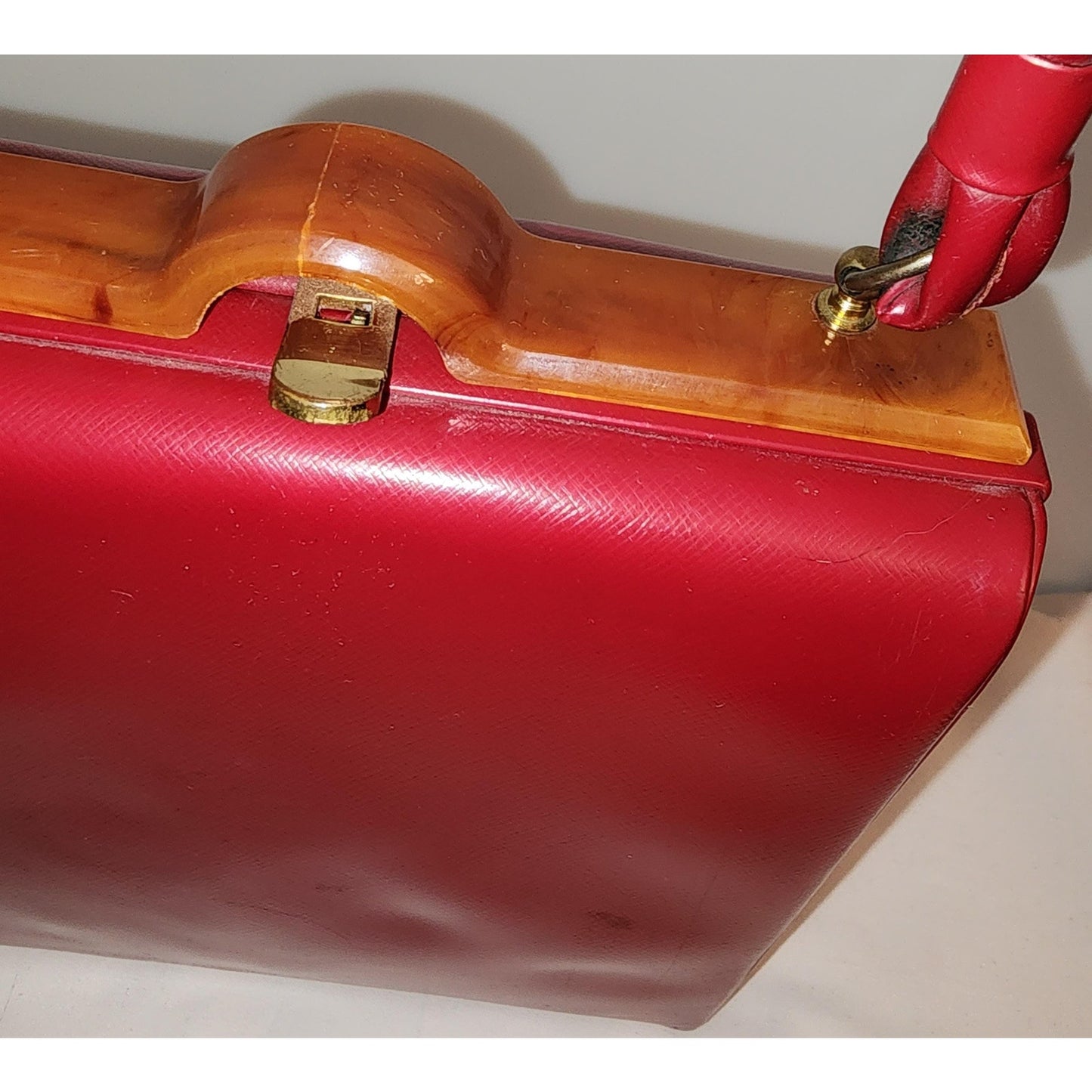 Vintage Red Purse 1930s 40s Red Vinyl Box Purse Butterscotch Celluloid Lucite Trim Top Handle Mid Century