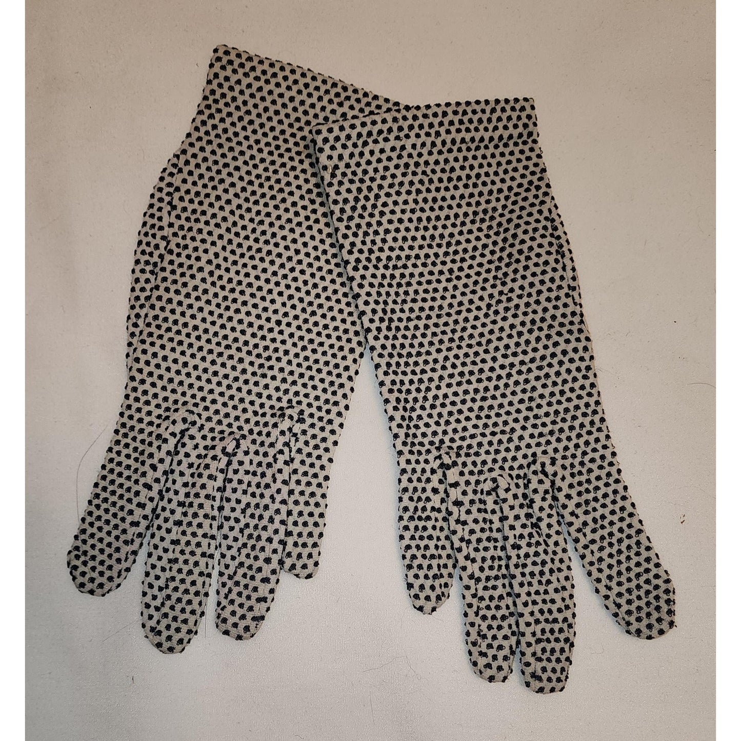 Vintage Polkadot Gloves 1960s Black and White Stretch Nylon Textured Tiny Polka Dot Wrist Gloves Mid Century Mod One Size
