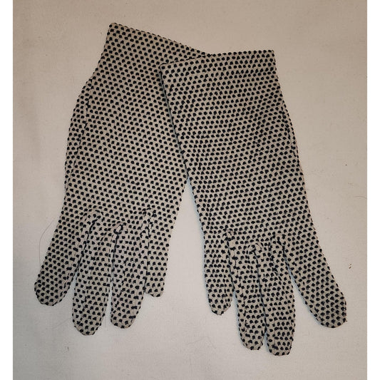 Vintage Polkadot Gloves 1960s Black and White Stretch Nylon Textured Tiny Polka Dot Wrist Gloves Mid Century Mod One Size