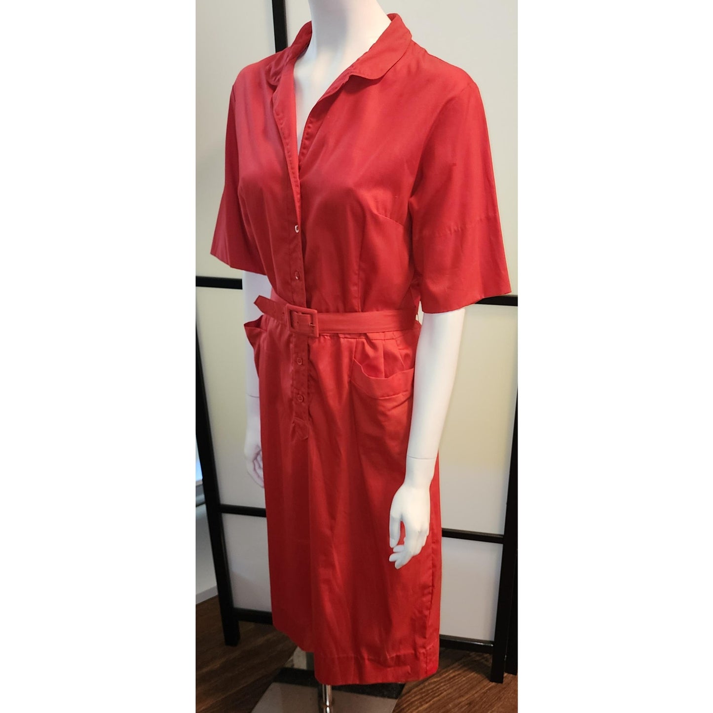 Unworn Vintage 1950s Dress Crisp Red Cotton Blend Shirtwaist Dress with Belt Avalon Classics Mid Century XL