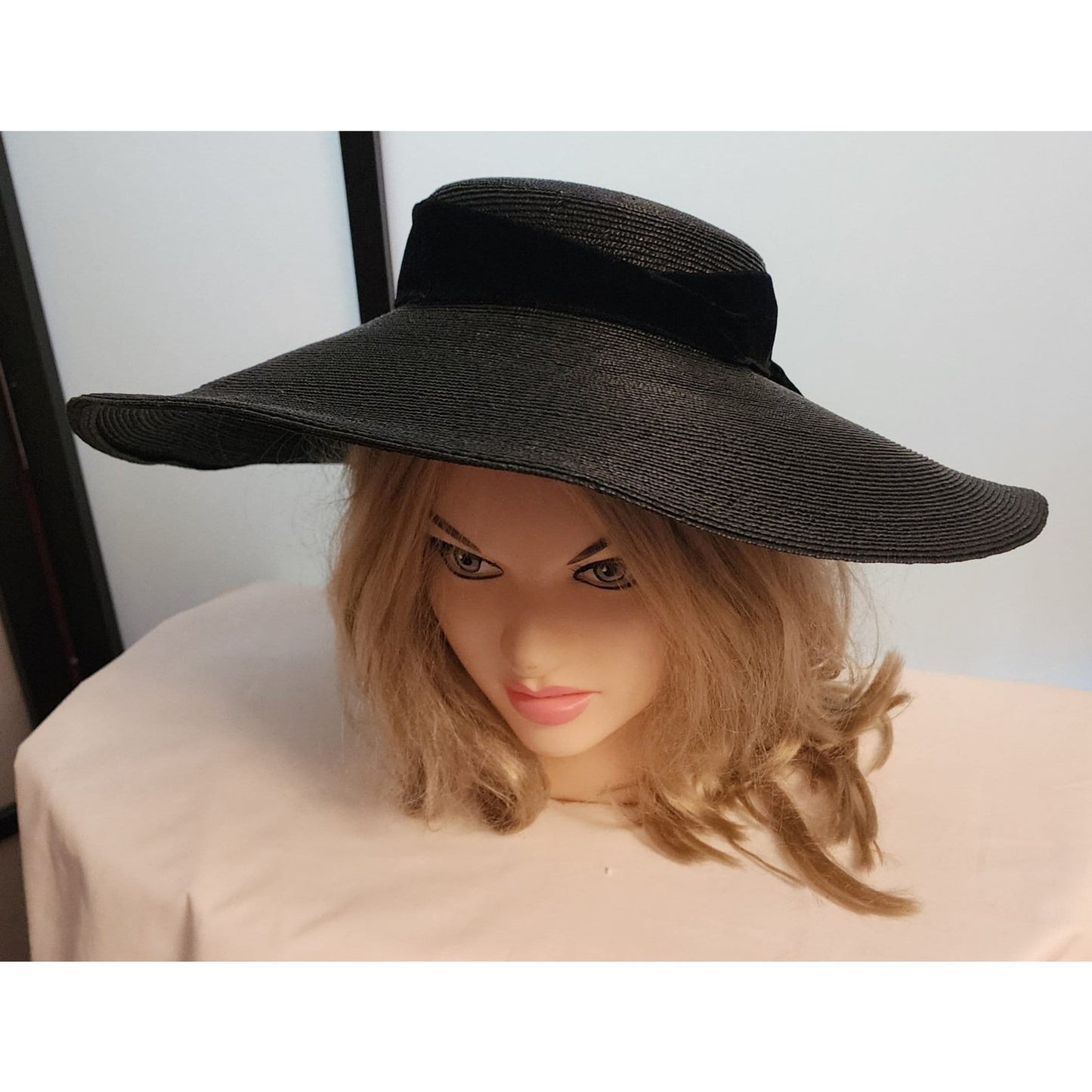 Vintage Platter Hat Large 1950s Black Straw Pancake Sun Hat Tilt Hat Huge Velvet Bow Mid Century 19 inches