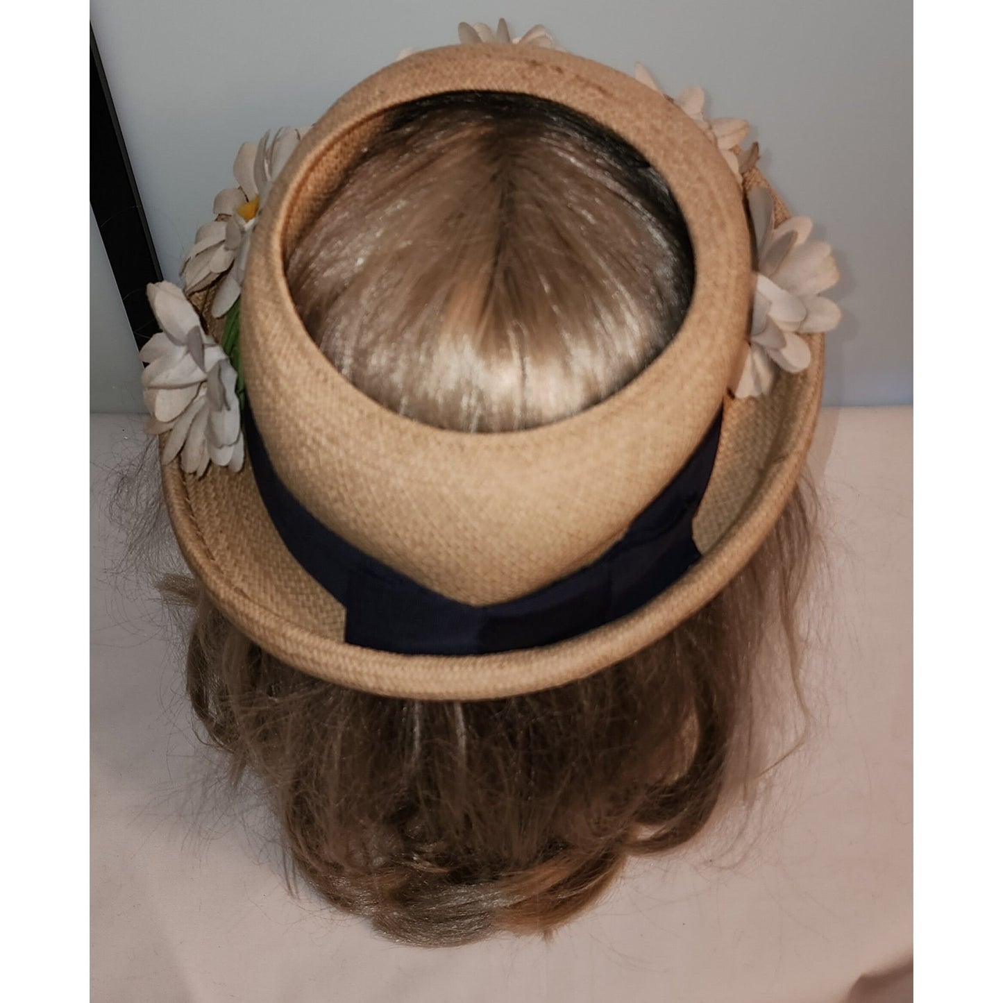 Vintage 1930s Hat Natural Straw Open Crown Hat Rolled Brim Lg Daisies Ribbon Daisy Hat Art Deco 20.5 in.