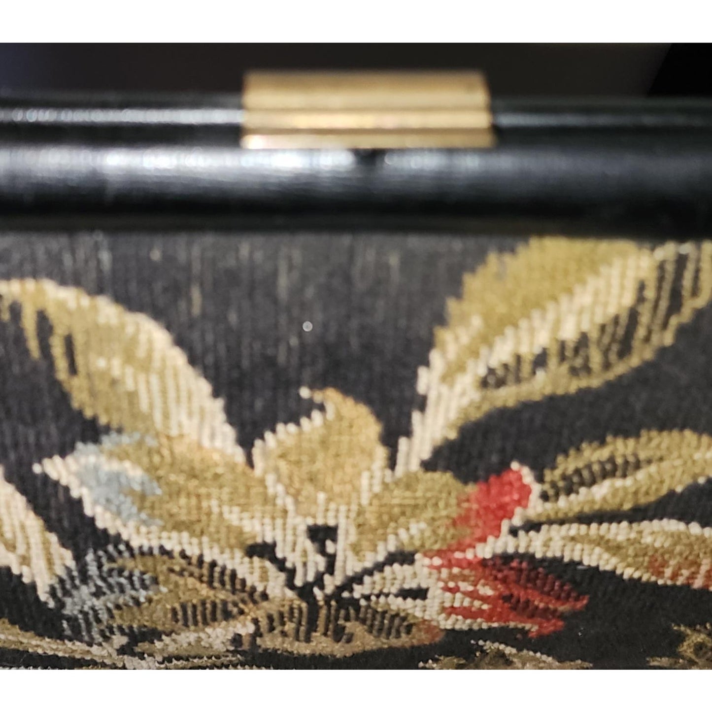 Vintage Tapestry Purse 1950s 60s Large Black Floral Tapestry Bag Leather Vinyl Trim Mid Century Boho dirty lining