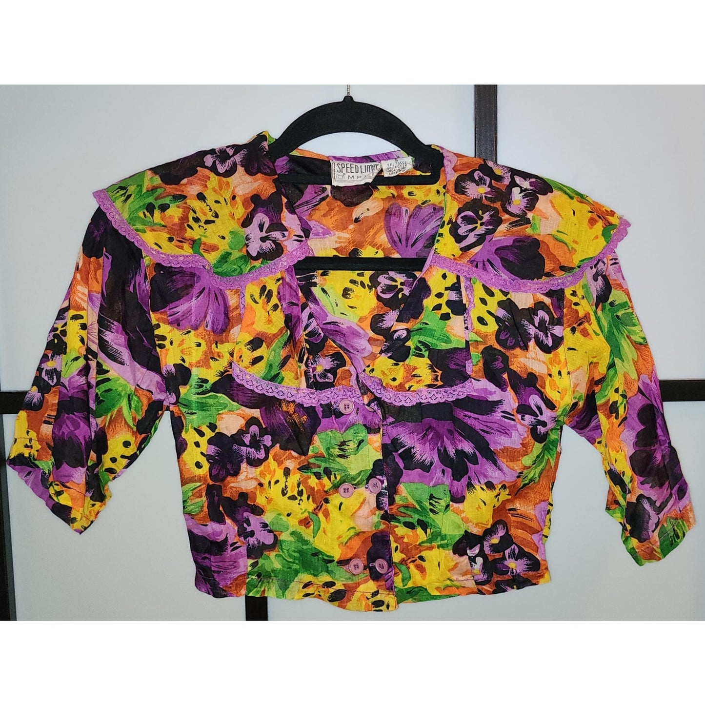 Vintage 80s 90s Bright Purple Yellow Floral Thin Cotton Cropped Blouse Top Huge Flouncy Collar Speed Limit MPH Made in India Boho S