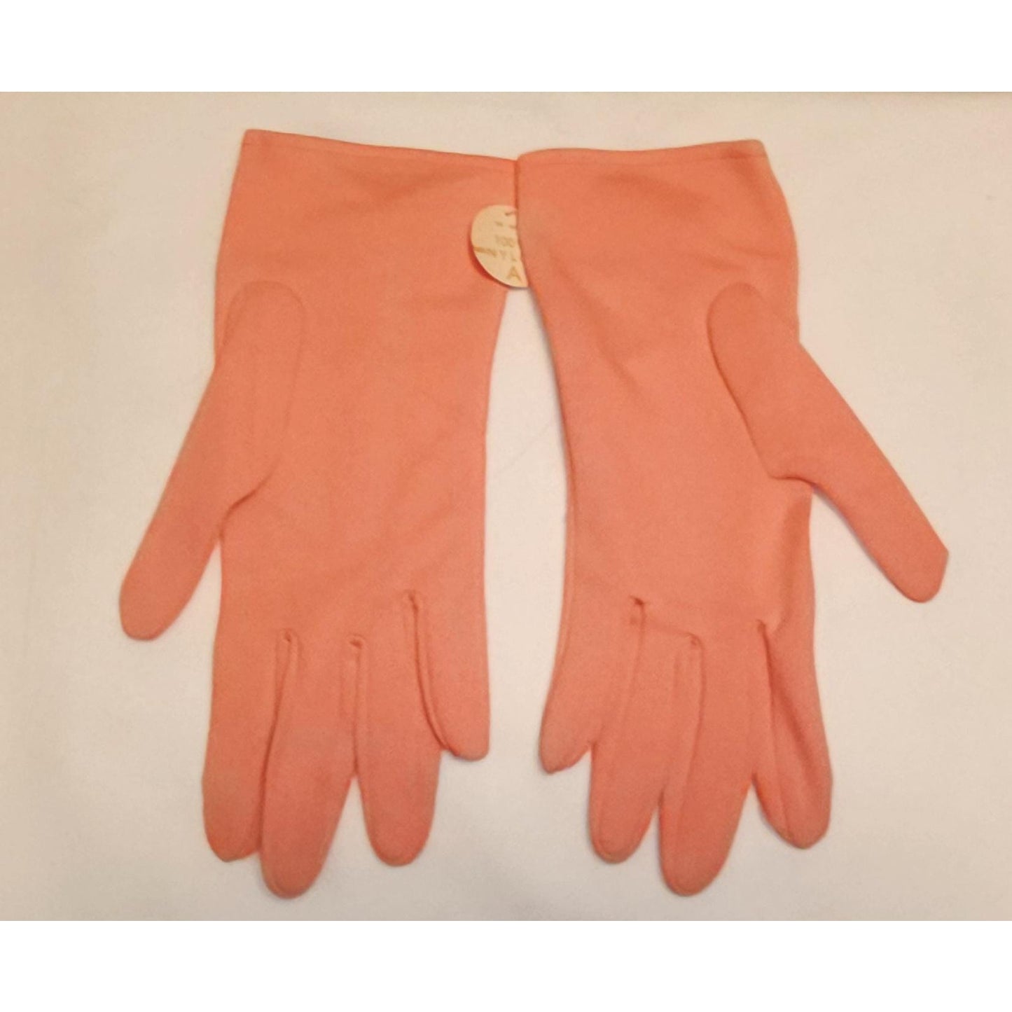 Vintage Unworn Gloves 1960s Orangey Pink Salmon Nylon Ruched Wrist Gloves Mid Century NWT 6 6.5