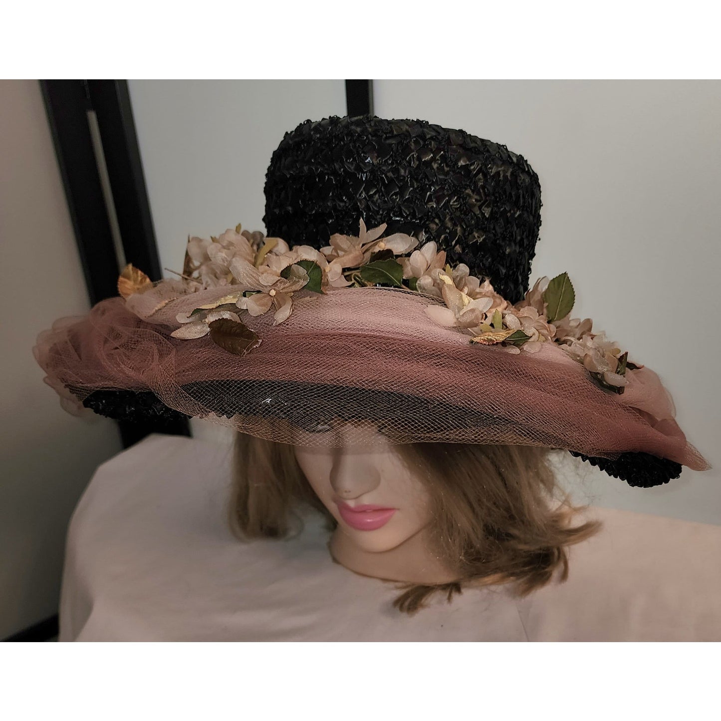 Vintage Platter Hat 1950s Huge Black Straw Saucer Hat Flowers Floral Sheer Tan Net Tulle Swags Mid Century Sun Hat 21.5 inches