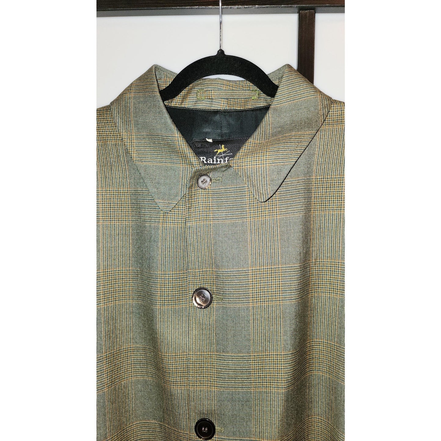 Men's Vintage Coat 1960s Overcoat Topcoat Dark Green Plaid Raincoat Rainfair Mid Century L XL chest 50 in.