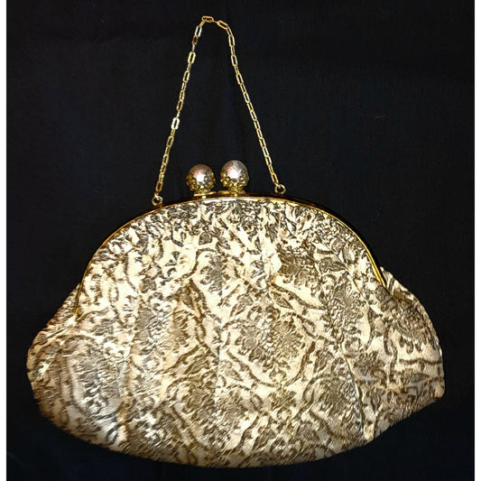 Vintage Brocade Purse 1930s Small Gold Metallic Satin Brocade Purse Evening Bag Fine Chain Handle Large Pearl Clasp Art Deco