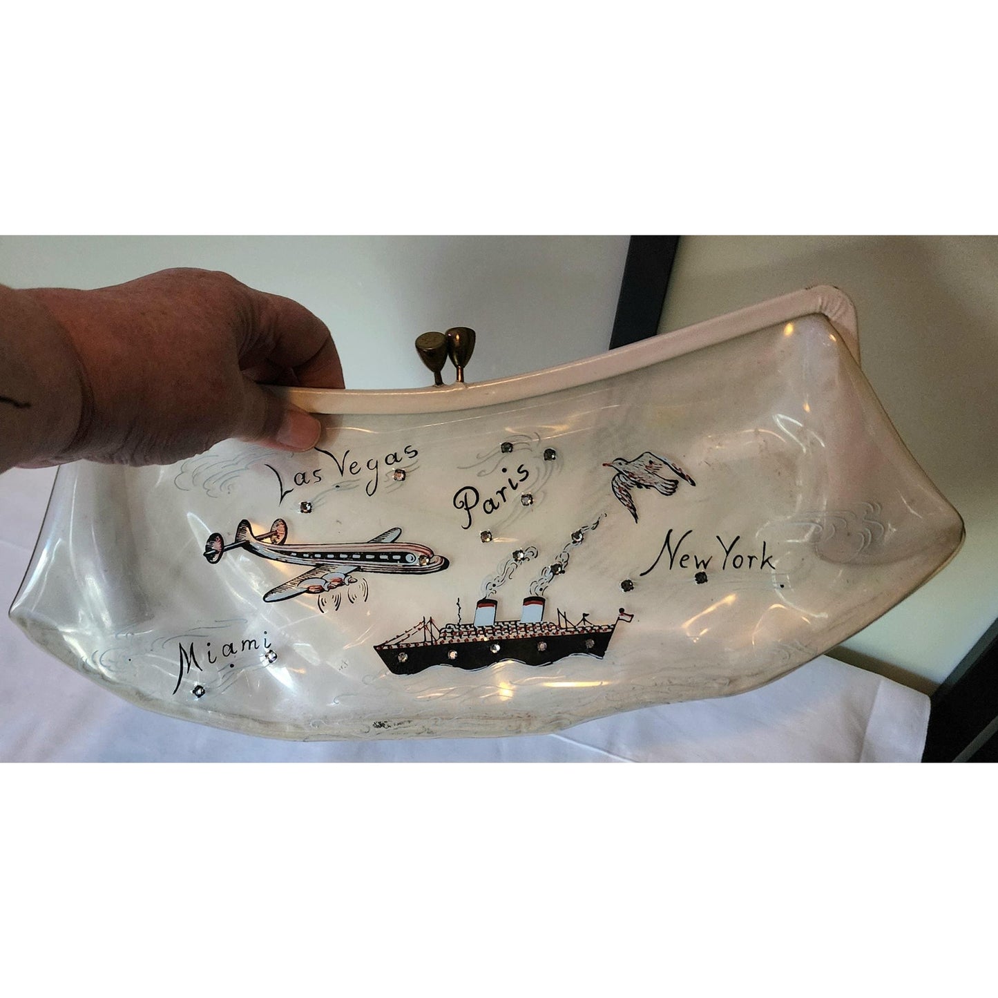 Vintage 1950s Purse Large Clear Vinyl Clutch Whimsical Travel Motifs Paris Vegas NY Miami Plane Ship Rhinestones Mid Century Rockabilly