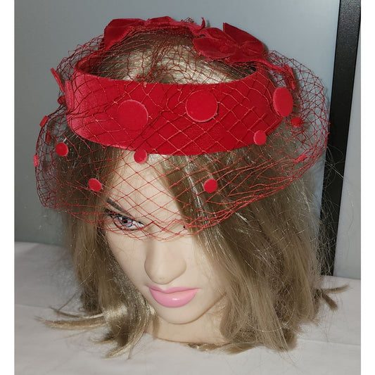 Vintage Ring Hat 1950s 60s Red Velvet Ring Hat Net Veil Lg Velvet Dots Bows Mid Century