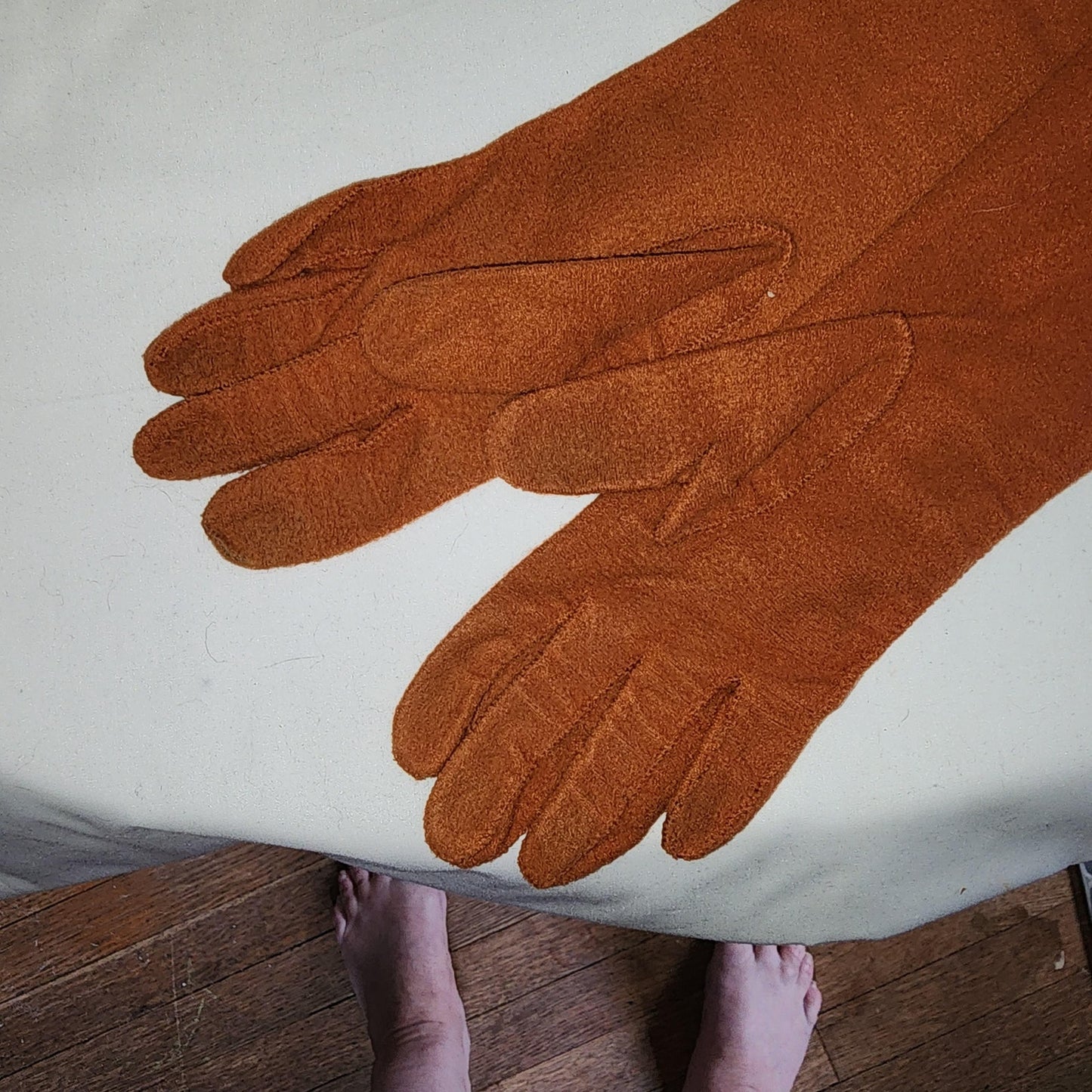 Vintage Pumpkin Gloves Midlength 1950s 60s Soft Nylon Gloves Rust Velsuede Van Raalte Made in USA Mid Century 7.5 8