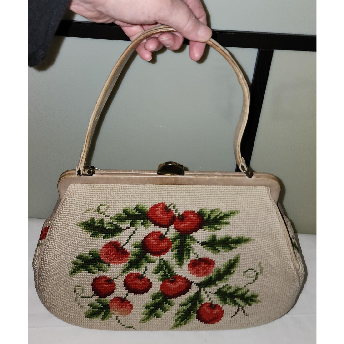 Vintage Cherry Purse Large 1950s Beige Wool Embroidered Bag Red Cherries Green Leaves Mid Century Rockabilly