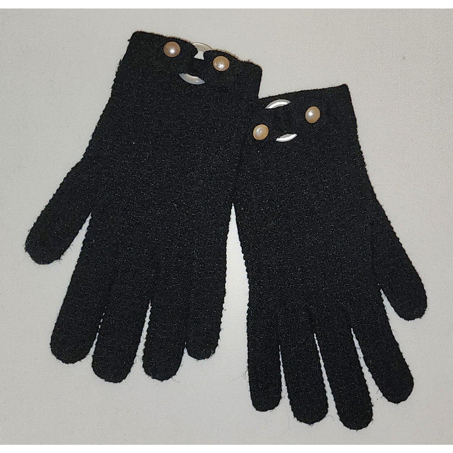 Vintage Wrist Gloves 1950s Black Nylon Stretch Knit Gloves Faux Pearls Mid Century one size to L