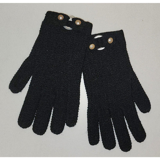 Vintage Wrist Gloves 1950s Black Nylon Stretch Knit Gloves Faux Pearls Mid Century one size to L