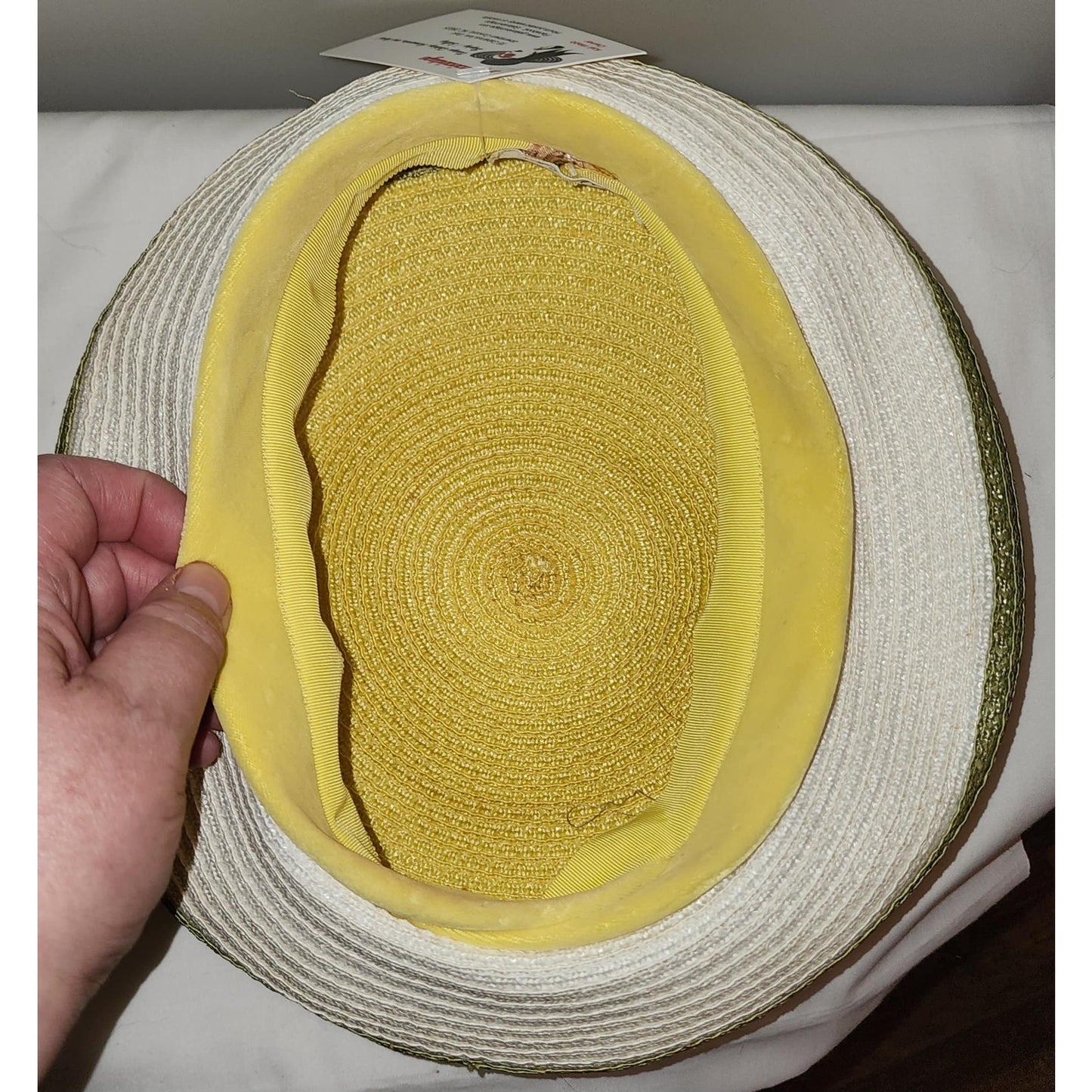 Vintage 1960s Hat Large Straw Beret Pouf Style Green Yellow White Hat Velvet Trim Mid Century Mod 21.5 inches