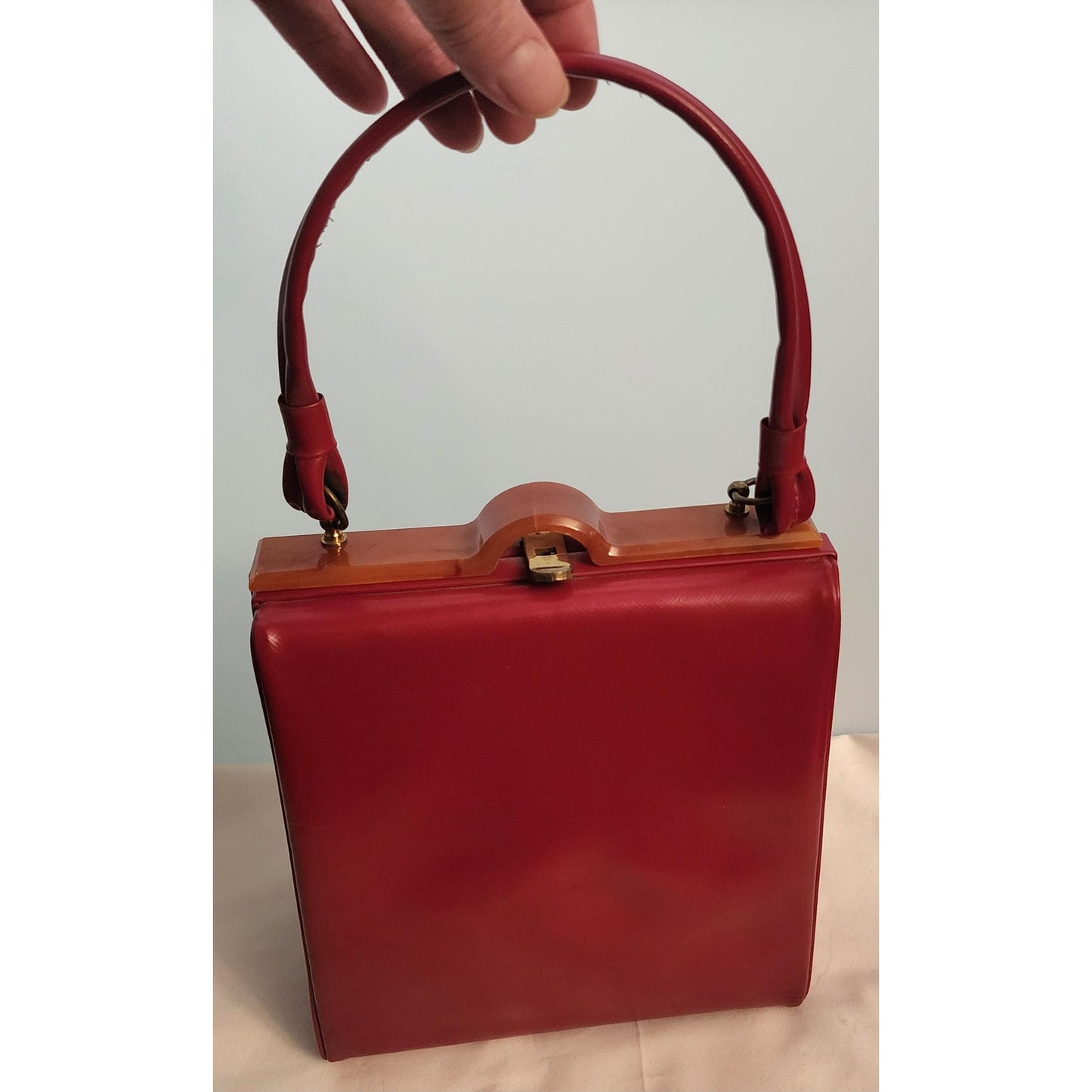 Vintage Red Purse 1930s 40s Red Vinyl Box Purse Butterscotch Celluloid Lucite Trim Top Handle Mid Century