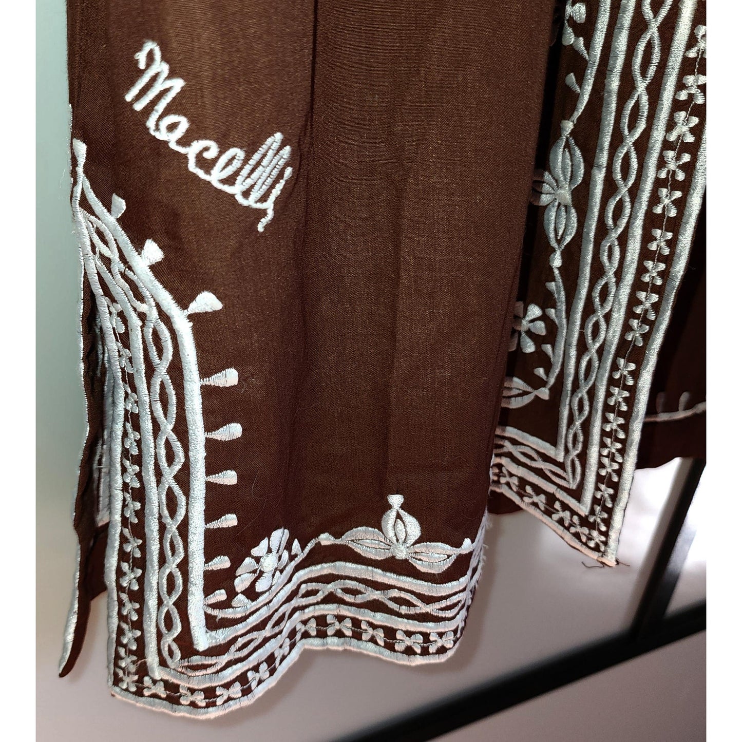 Vintage Caftan 1960s 70s Dark Brown Cotton Blend Caftan Robe Swimsuit Cover Up White Embroidery Macelli Hippie Boho M