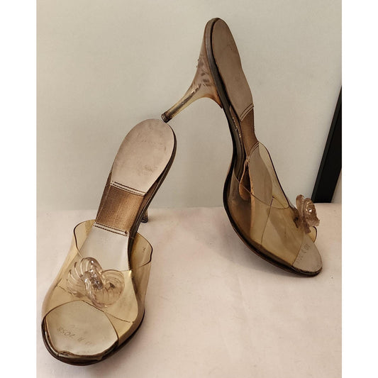 Vintage Springolator Heels Clear Lucite 1950s High Heel Slides Springolators Rhinestone Ornaments Carved Lucite Rhinestone Heels Mid Century