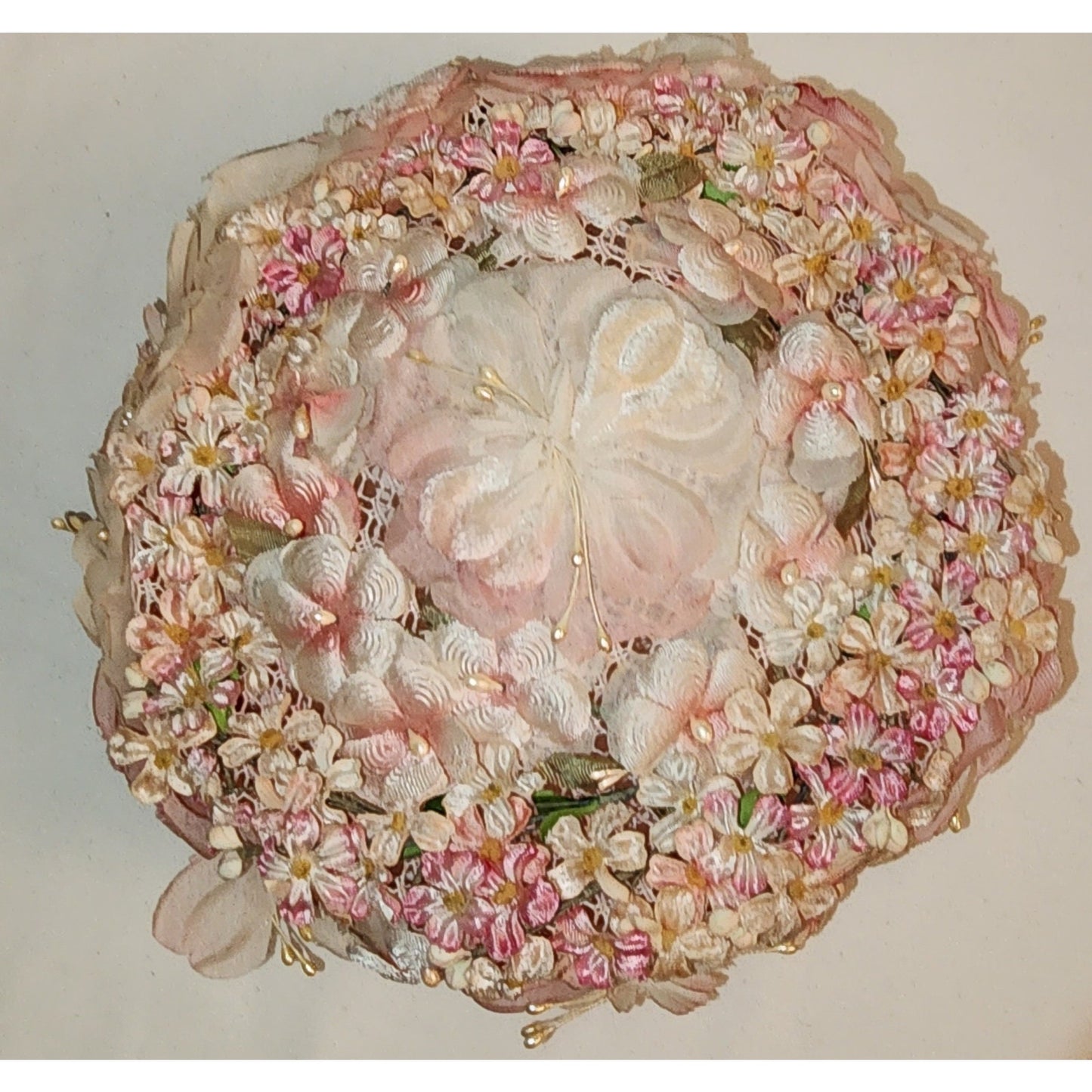 Vintage Pink Hat 1940s 50s Small Round Pink White Floral Hat Joal De Luxe Mid Century 21 in.