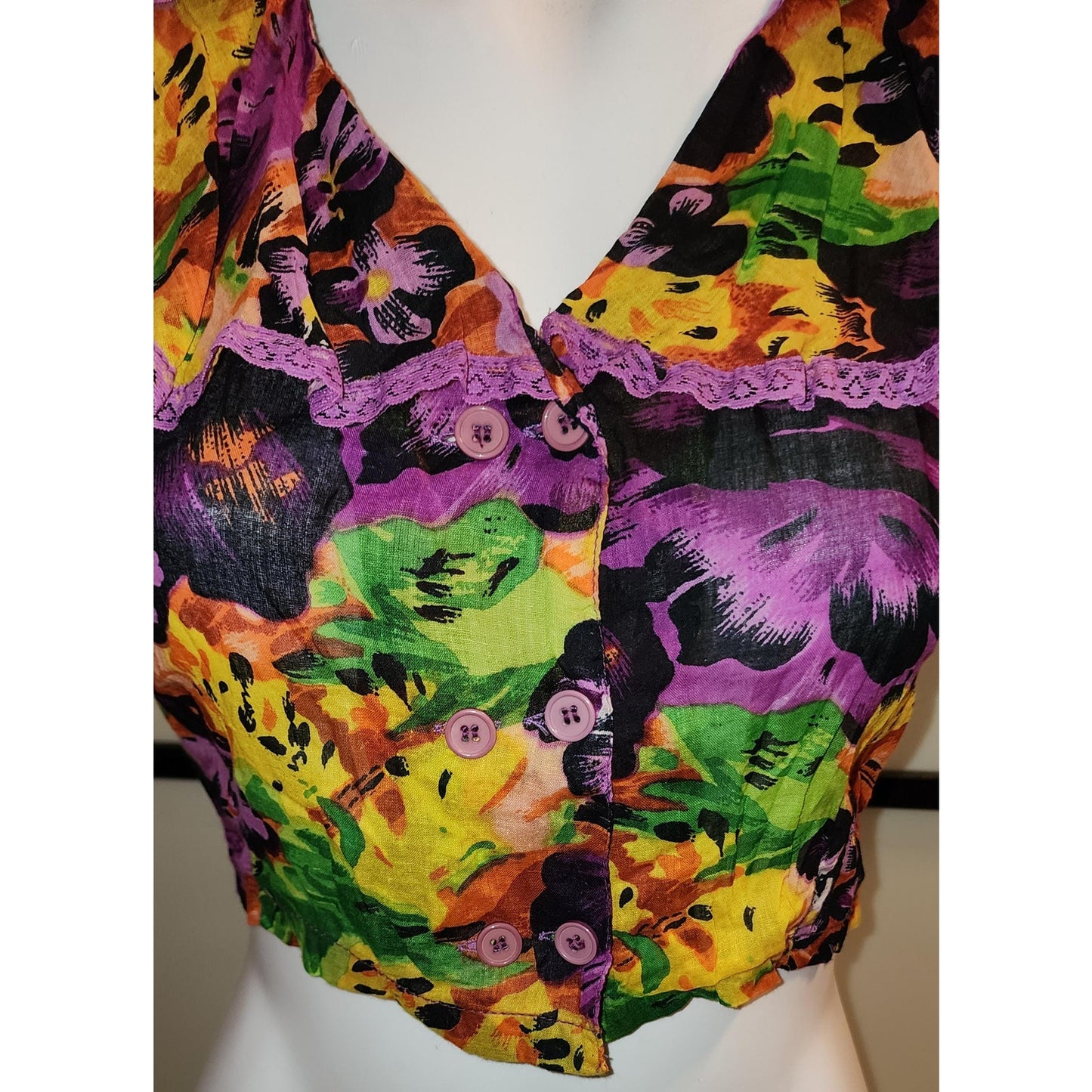 Vintage 80s 90s Bright Purple Yellow Floral Thin Cotton Cropped Blouse Top Huge Flouncy Collar Speed Limit MPH Made in India Boho S