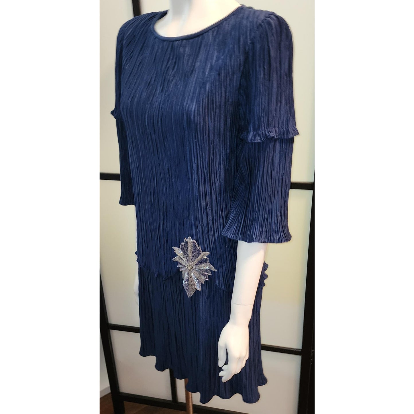 Vintage Evening Dress 1980s Dark Blue Micro Pleat Tiered Flapper Style Cocktail Dress Huge Beaded Ornament After Dark M