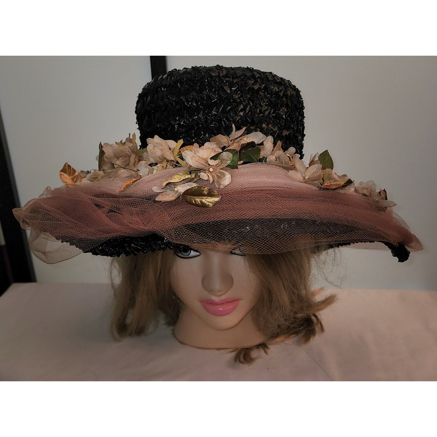 Vintage Platter Hat 1950s Huge Black Straw Saucer Hat Flowers Floral Sheer Tan Net Tulle Swags Mid Century Sun Hat 21.5 inches