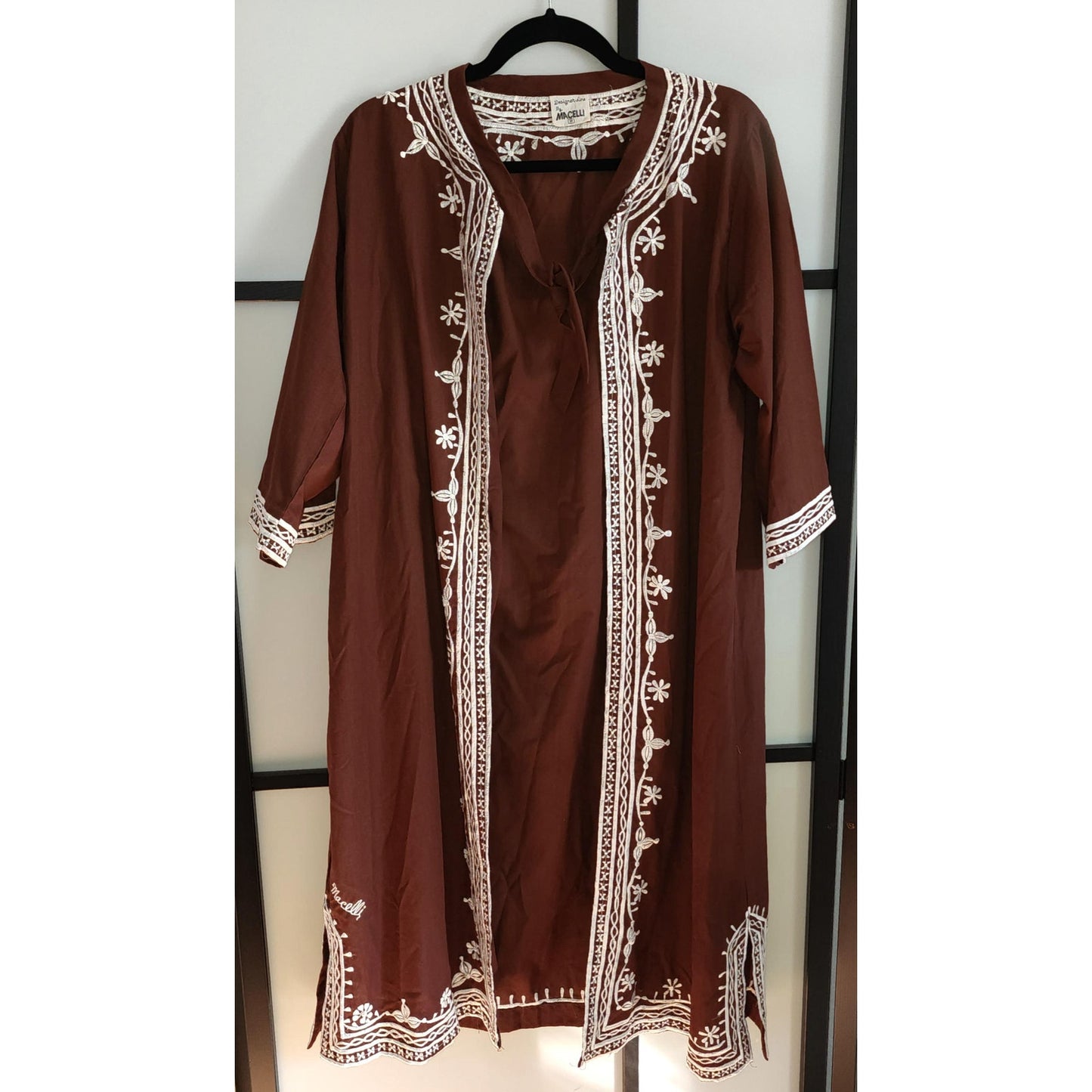 Vintage Caftan 1960s 70s Dark Brown Cotton Blend Caftan Robe Swimsuit Cover Up White Embroidery Macelli Hippie Boho M