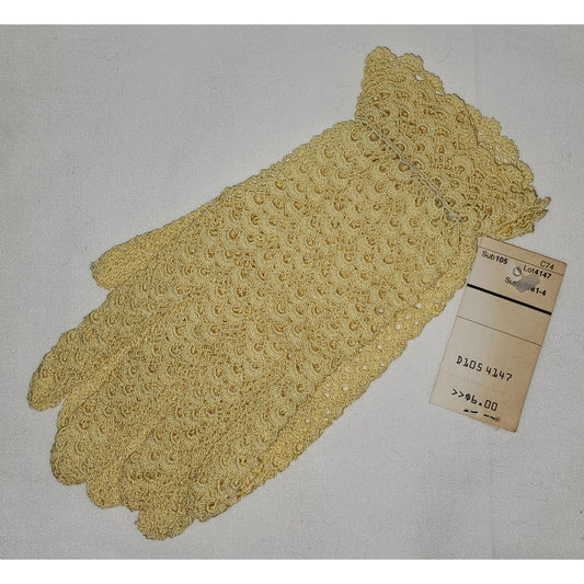 Unworn Vtg Yellow Cotton Open Crocheted Floral Ruffle Net Gloves NWT NOS Antique Style S M