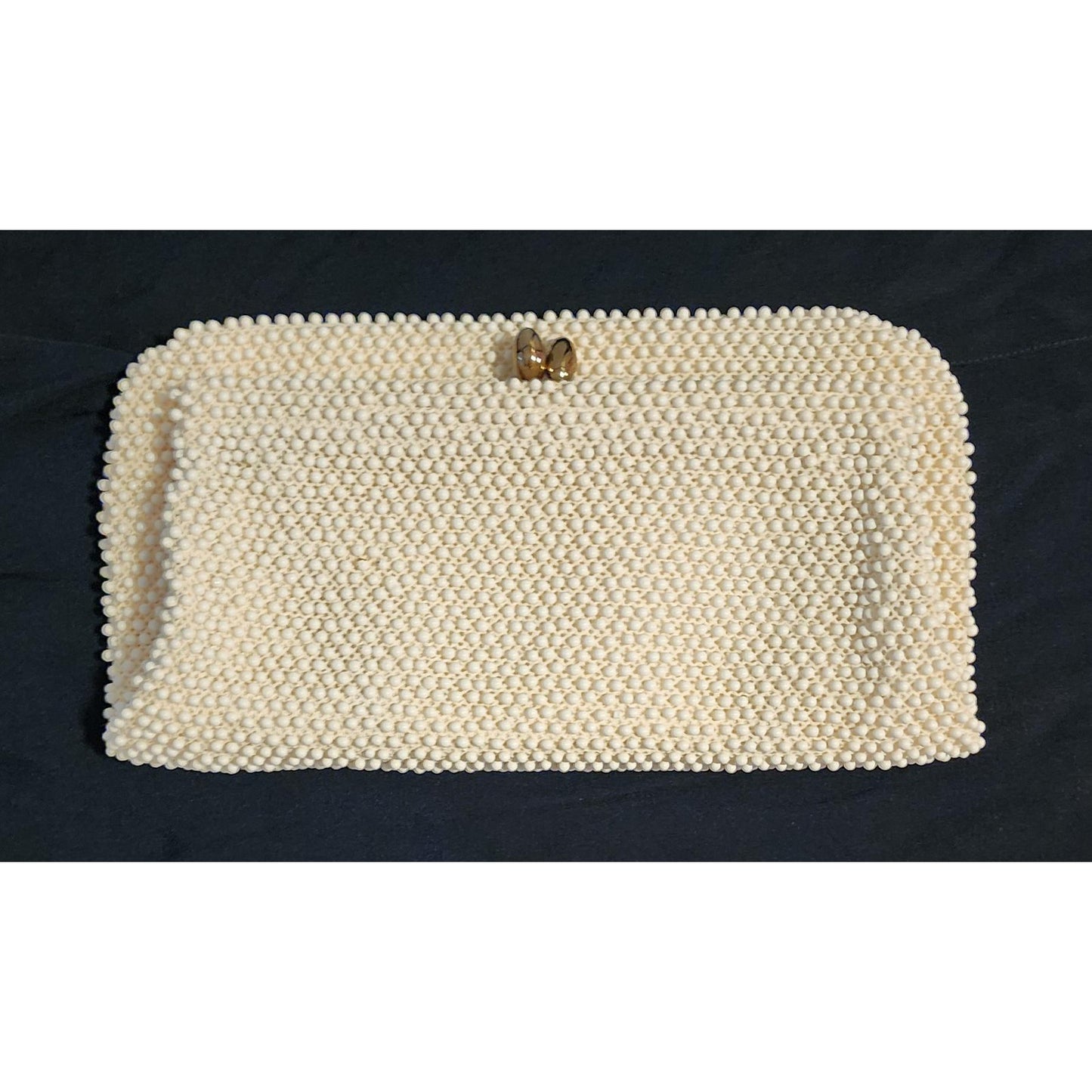 Vintage Beaded Purse 1950s 60s White Cream Bead Clutch Kiss Lock Clasp Optional Chain Handle Mid Century