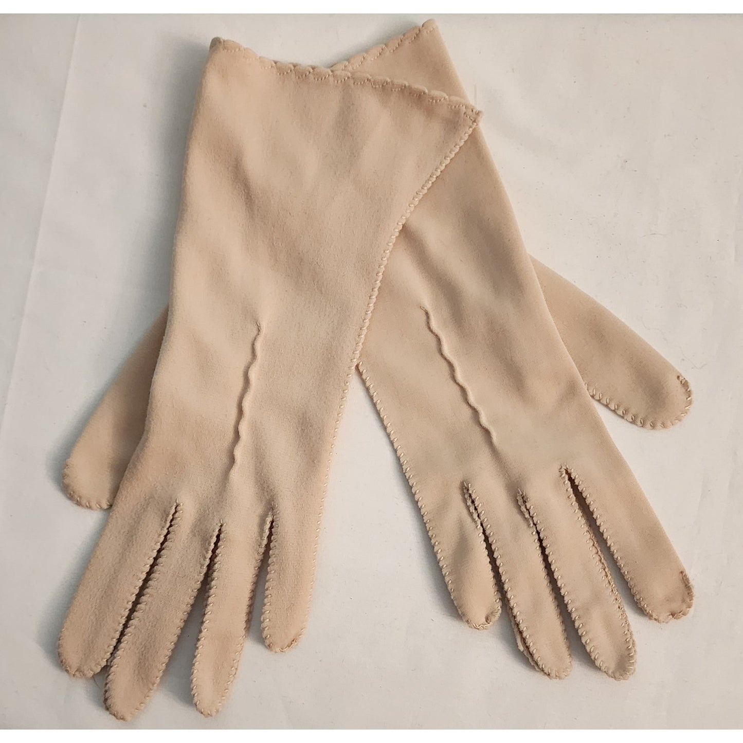 Vintage Pink Gloves 1950s Soft Light Shell Pink Nylon Fabric Midlength Gloves Mid Century 7 7.5 or so